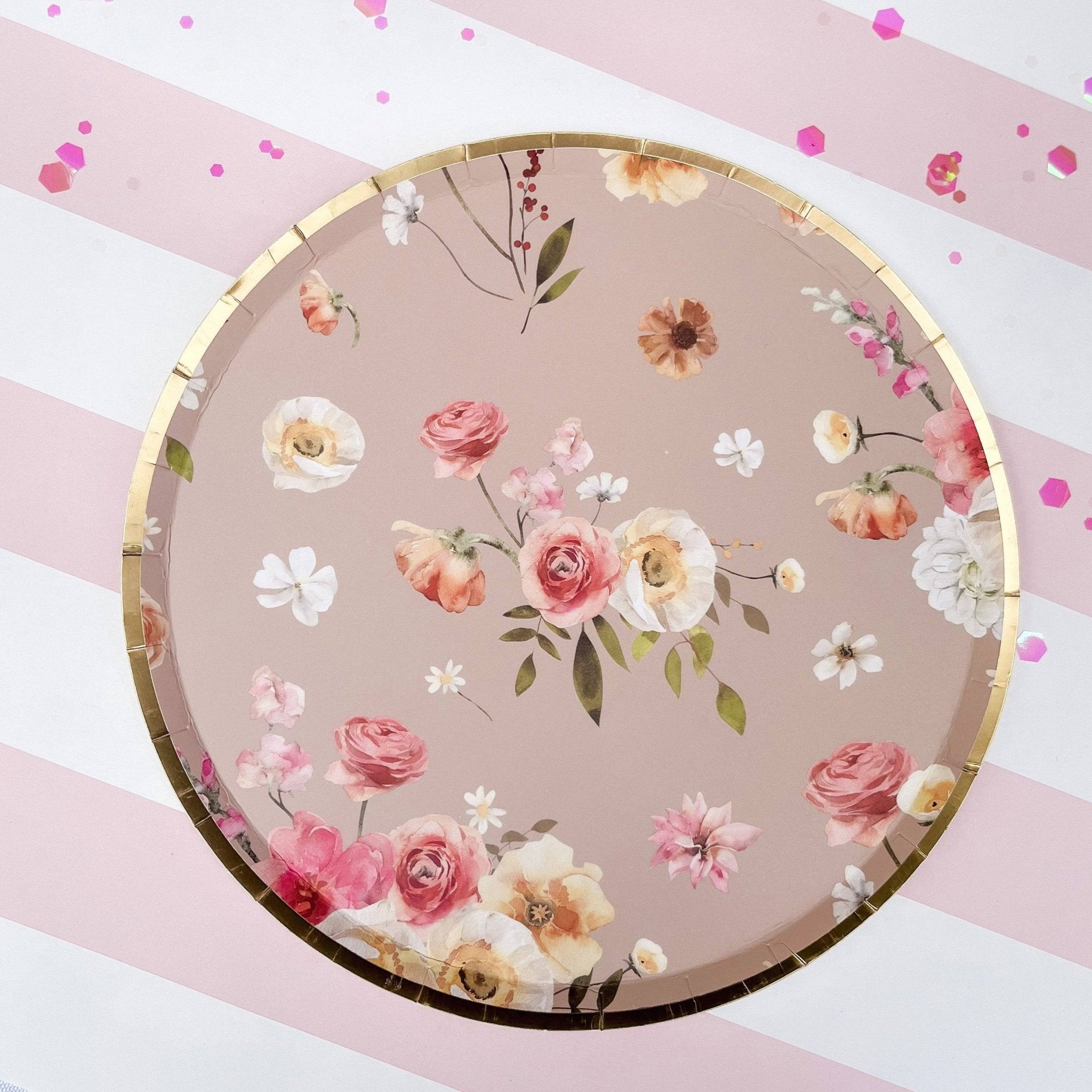 Floral Beige Paper Dessert Plate, (8pcs) - Josi James - 7 Inch Plate